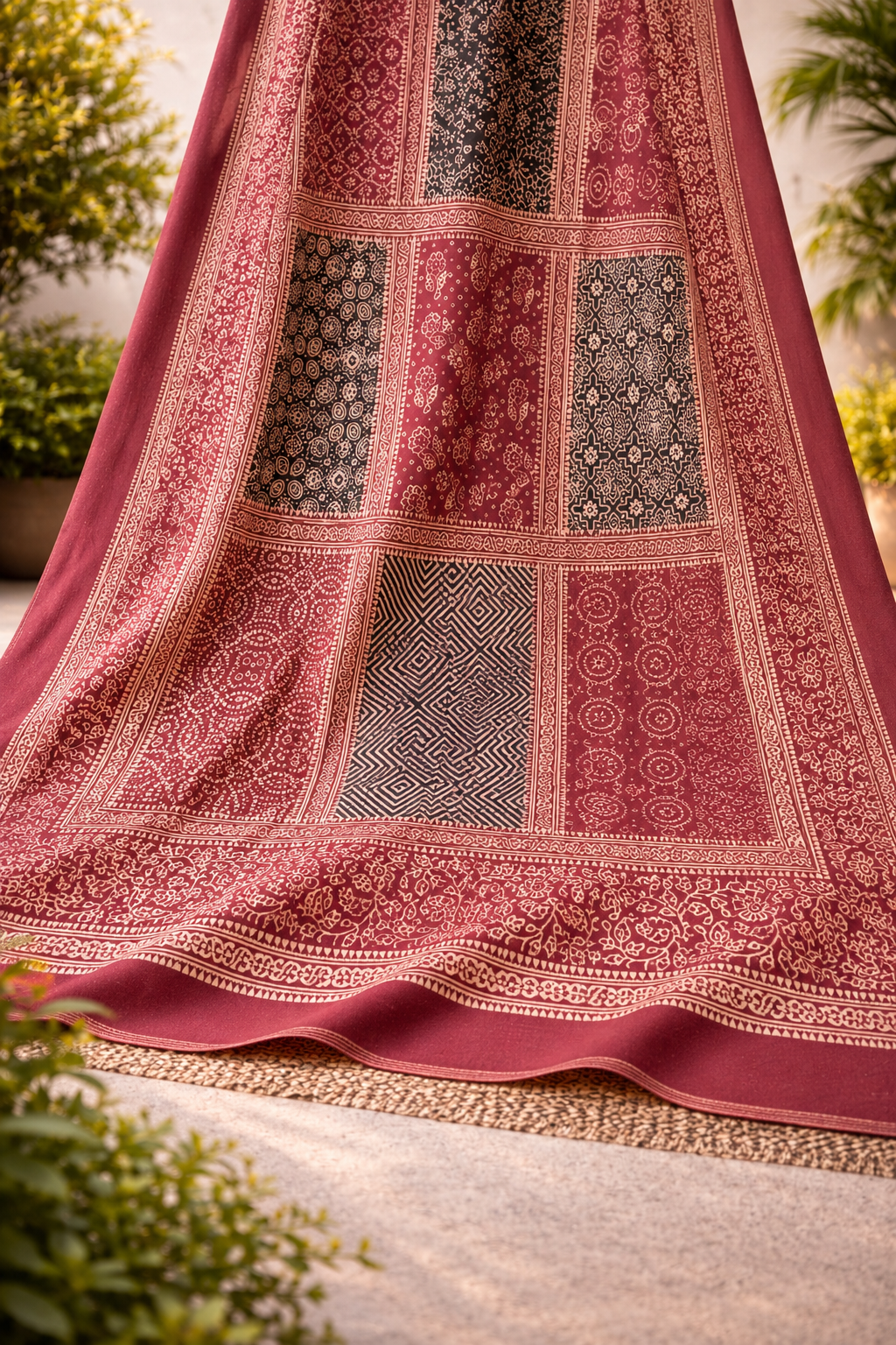 Mahroon Patchwork Ajrak Dupatta 0018