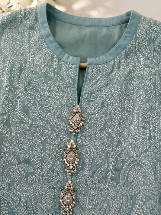 Chiffon Embroidered suit (Seafoam Green) 0838