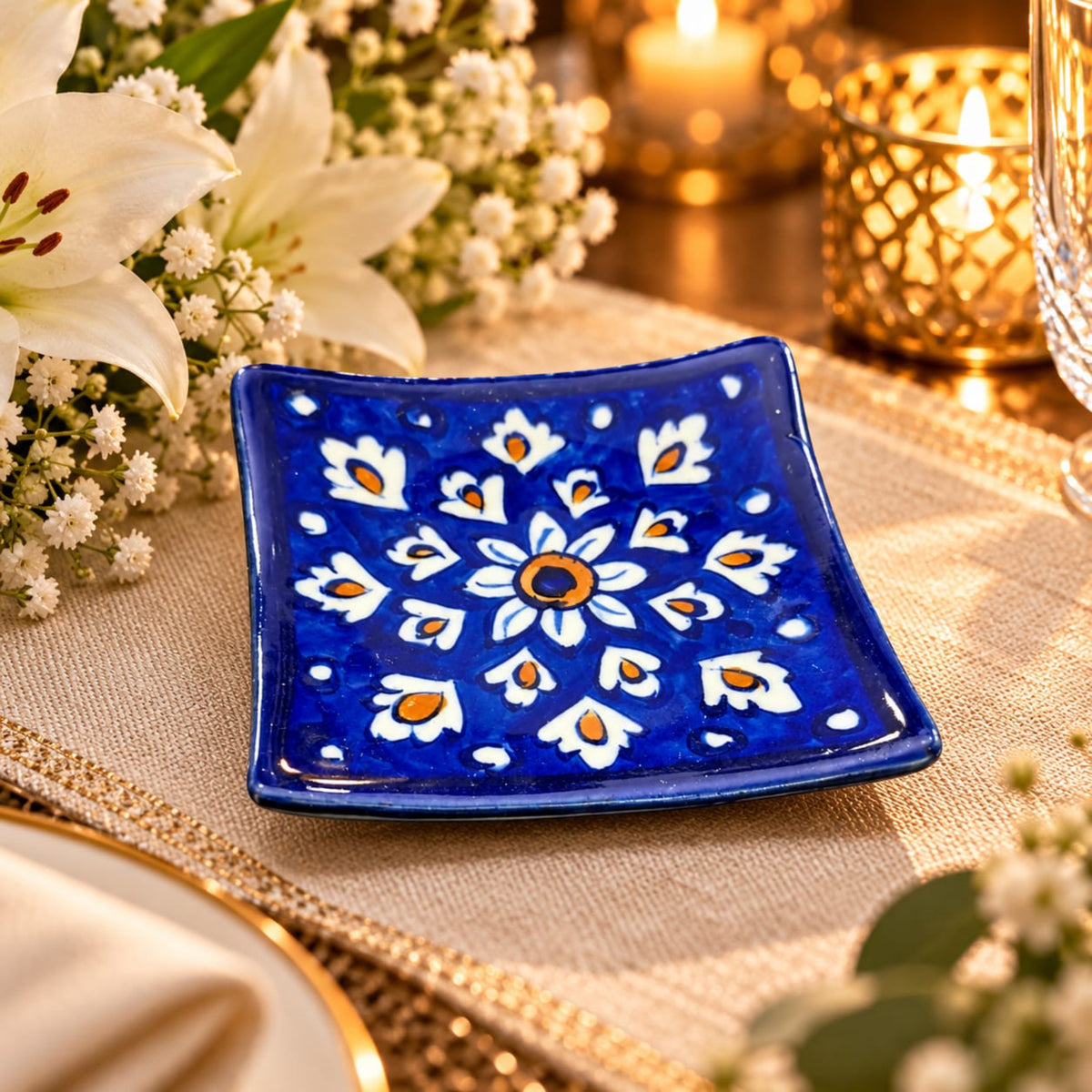 Cobalt Blue Floral Ceramic Coaster 0947