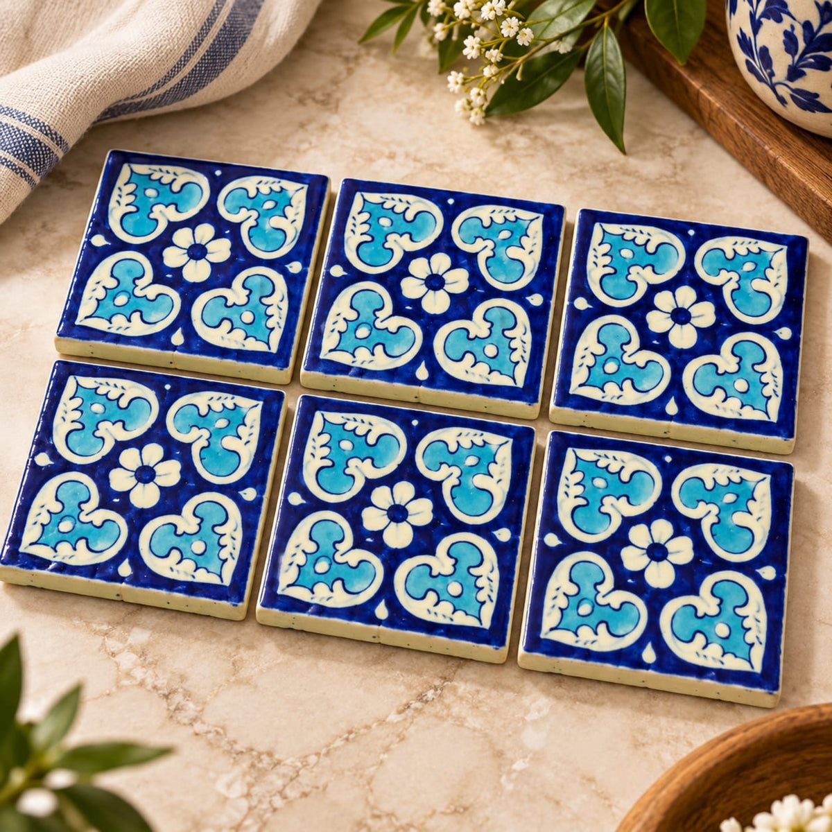 Cobalt Blue Floral Ceramic Tile Set 0948