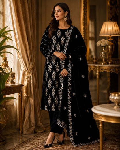 Micro Velvet Embroided 3 Piece Suit 0814