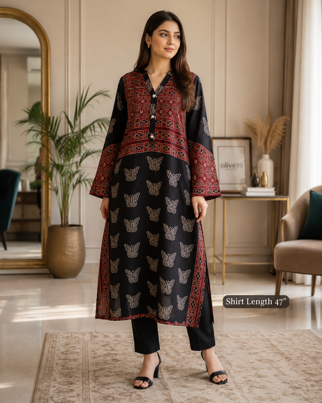 Elegant Butterfly-Print Ajrak Kurta 0834