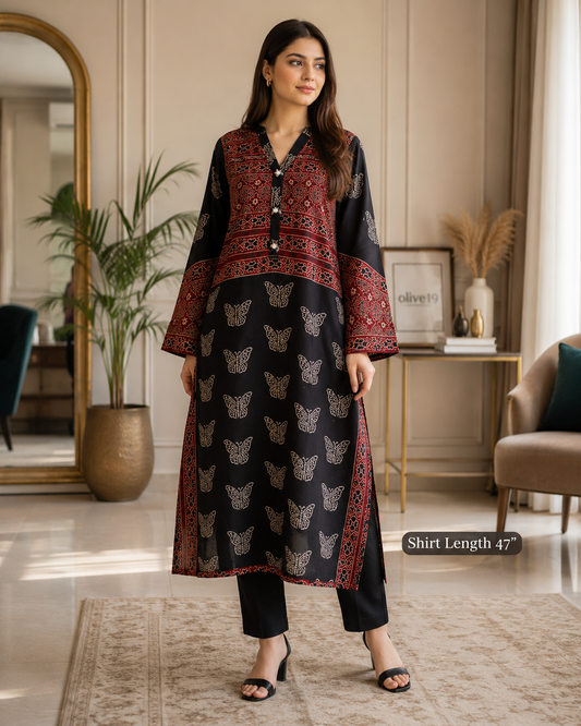 Elegant Butterfly-Print Ajrak Kurta 0834