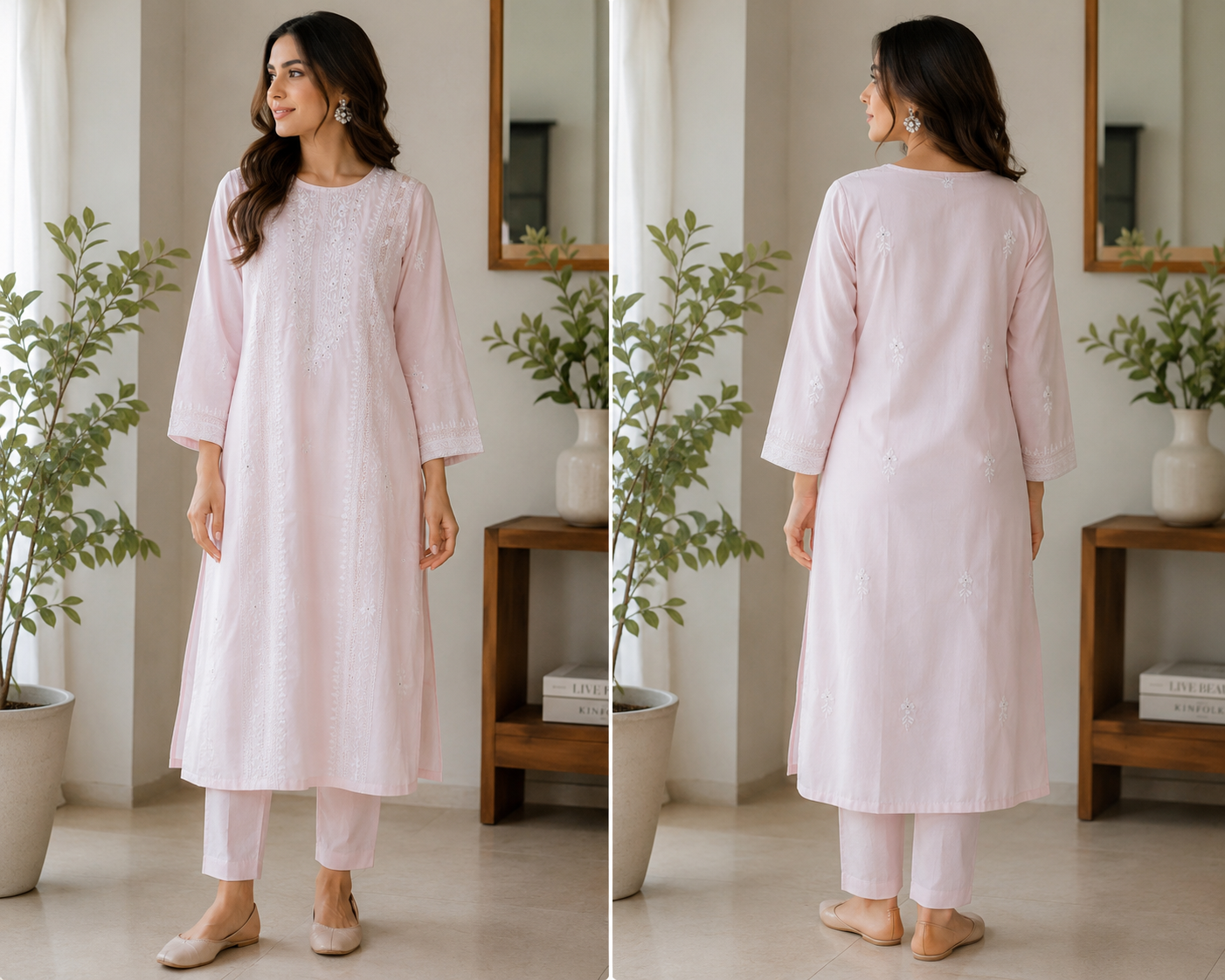White Floral Embroidery on Blush 0836