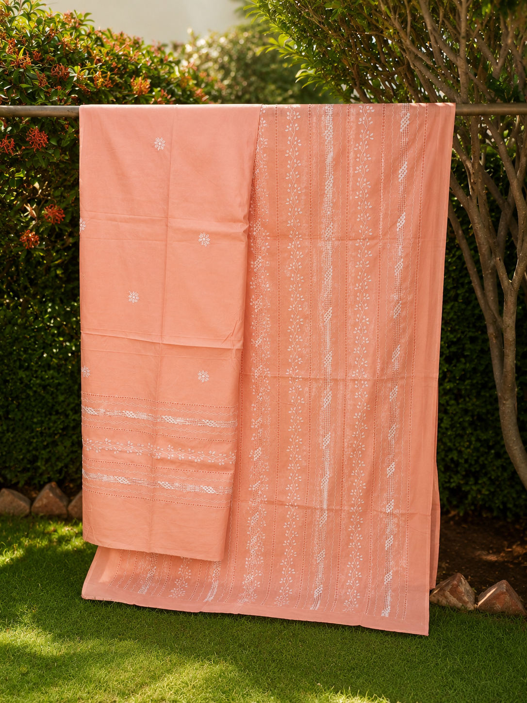 Peach fabric in serene garden 0658