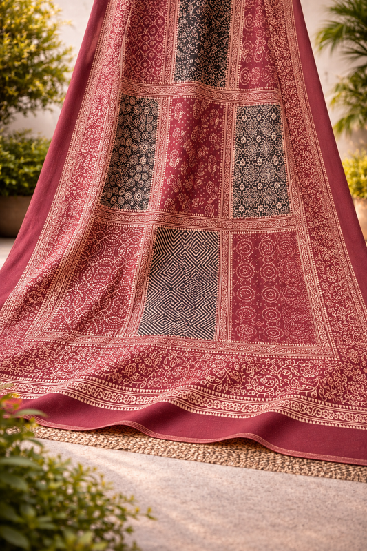 Mahroon Patchwork Ajrak Dupatta 0725