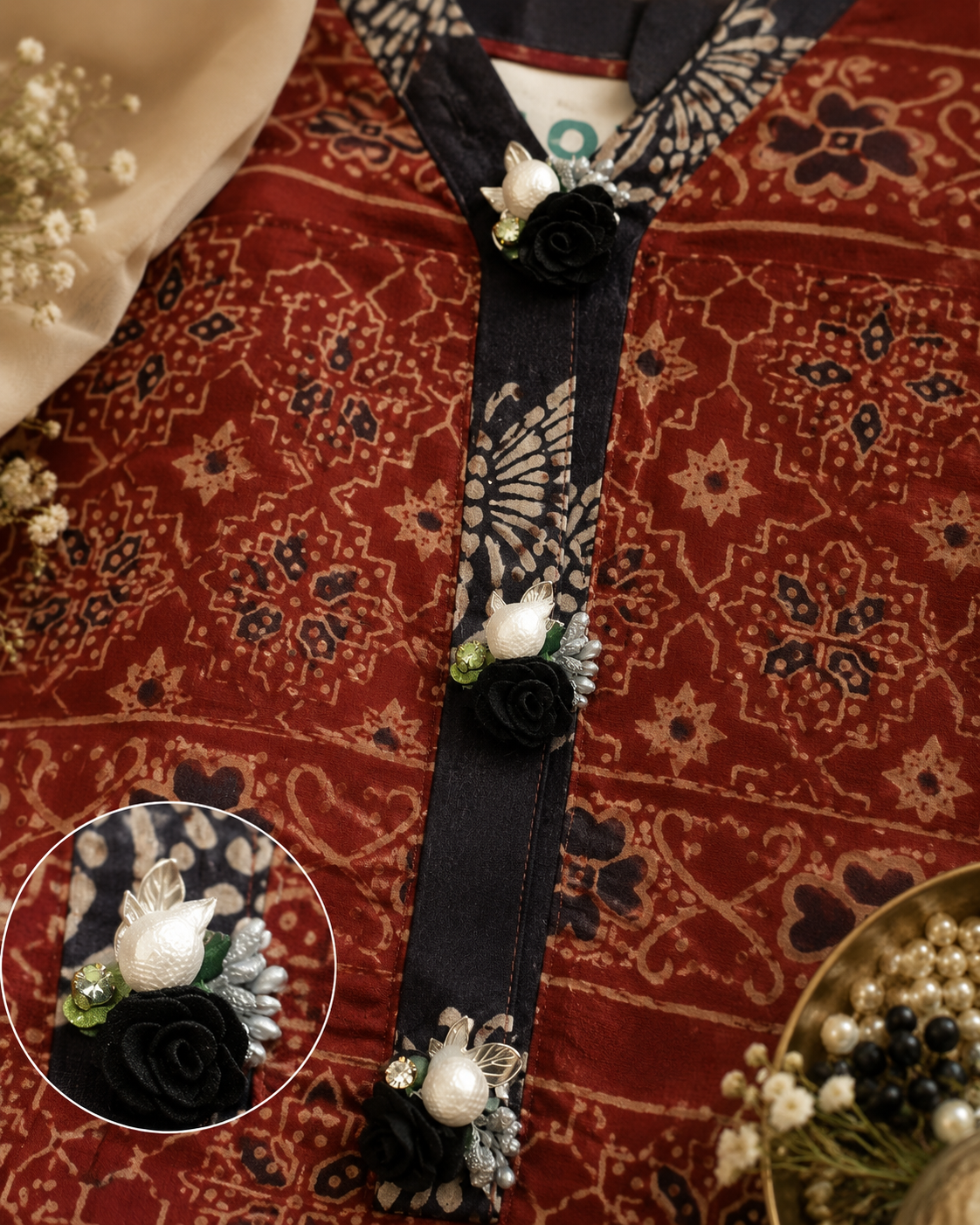 Elegant Butterfly-Print Ajrak Kurta 0834
