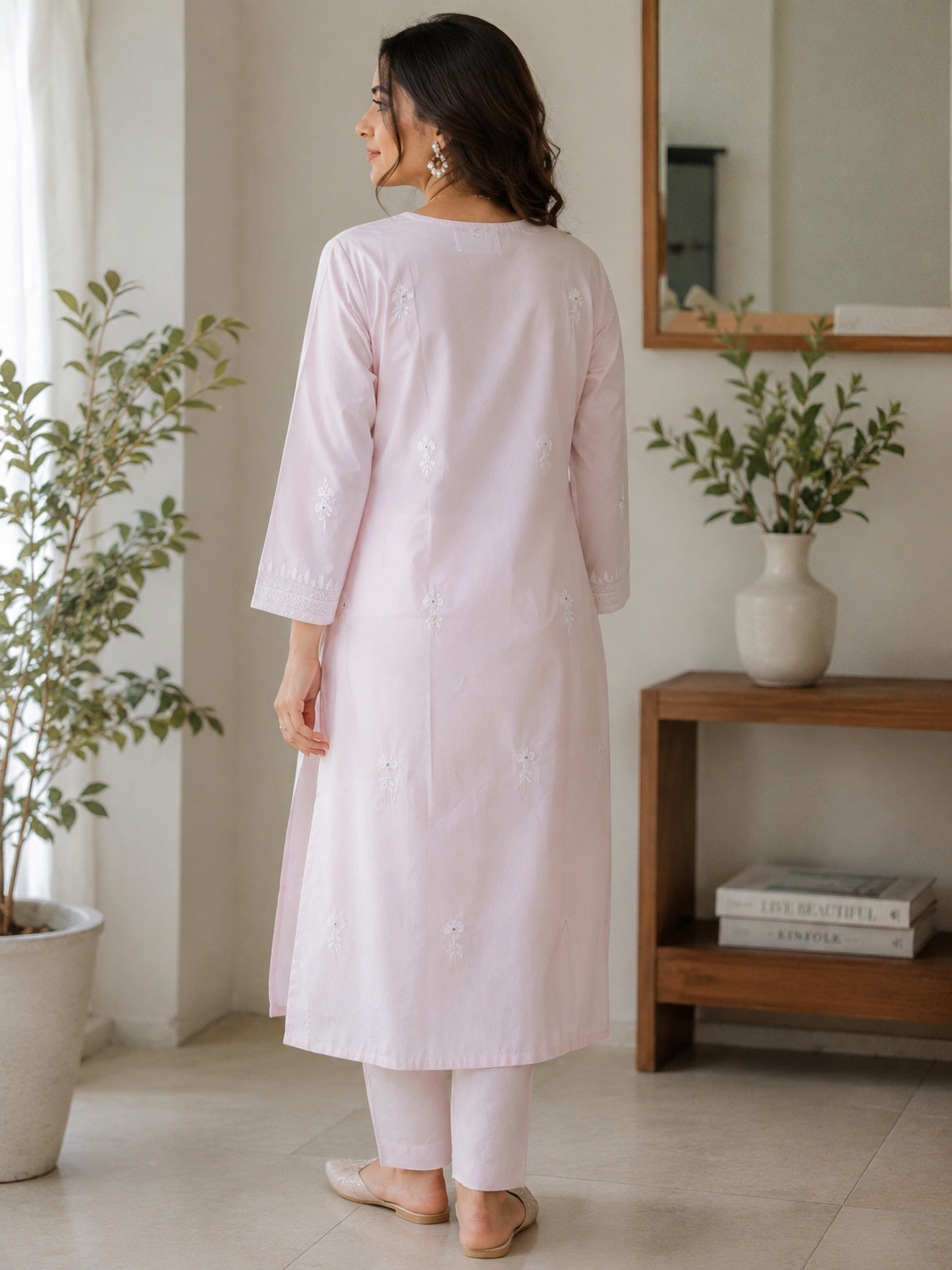 White Floral Embroidery on Blush 0836