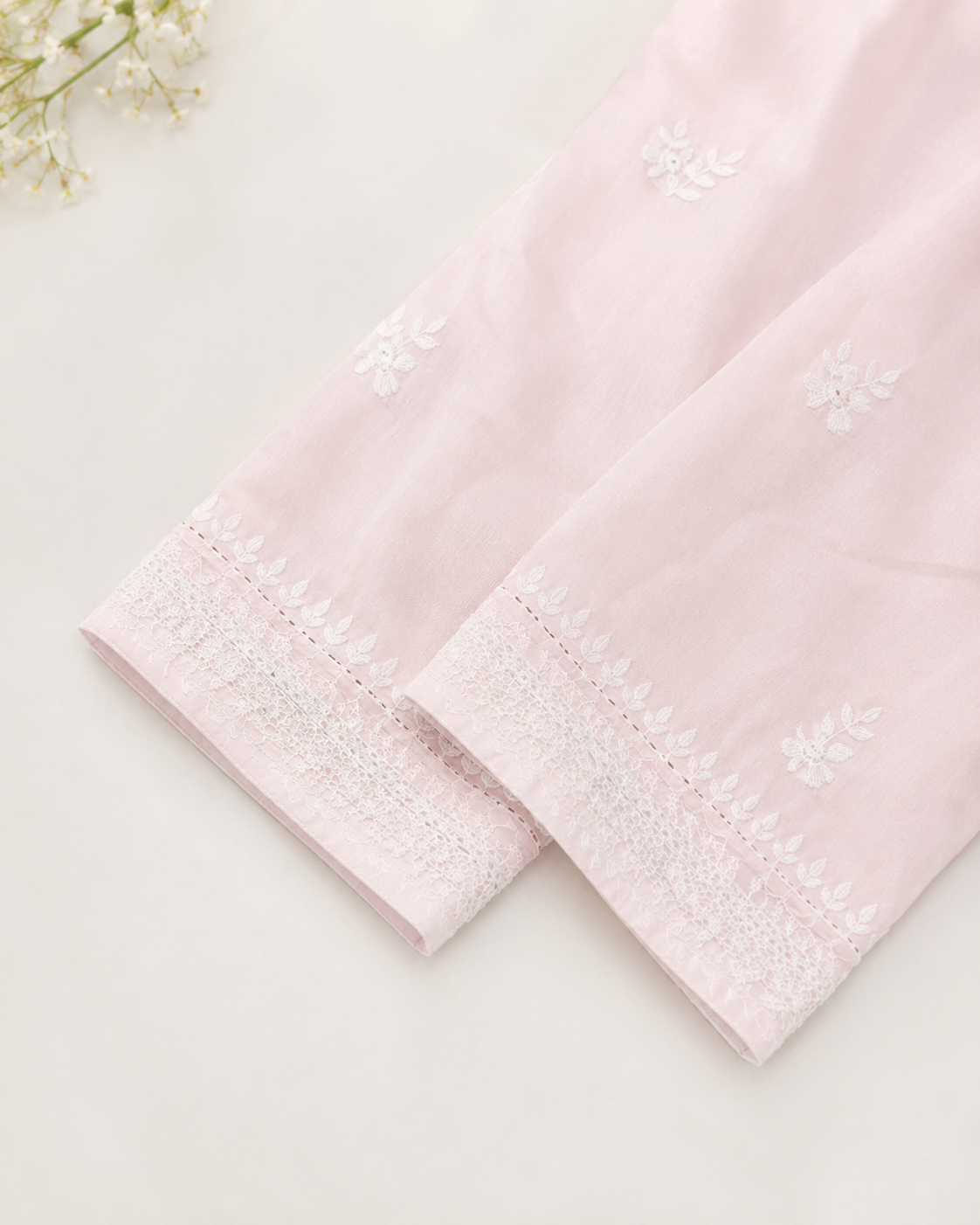 White Floral Embroidery on Blush 0836