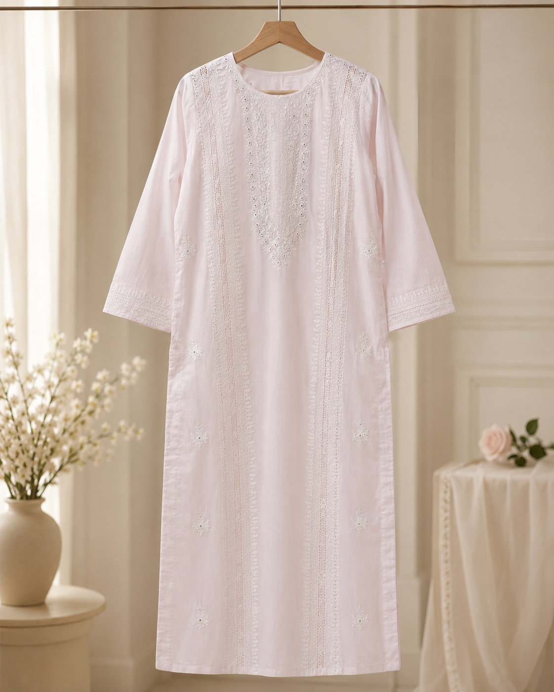 White Floral Embroidery on Blush 0836