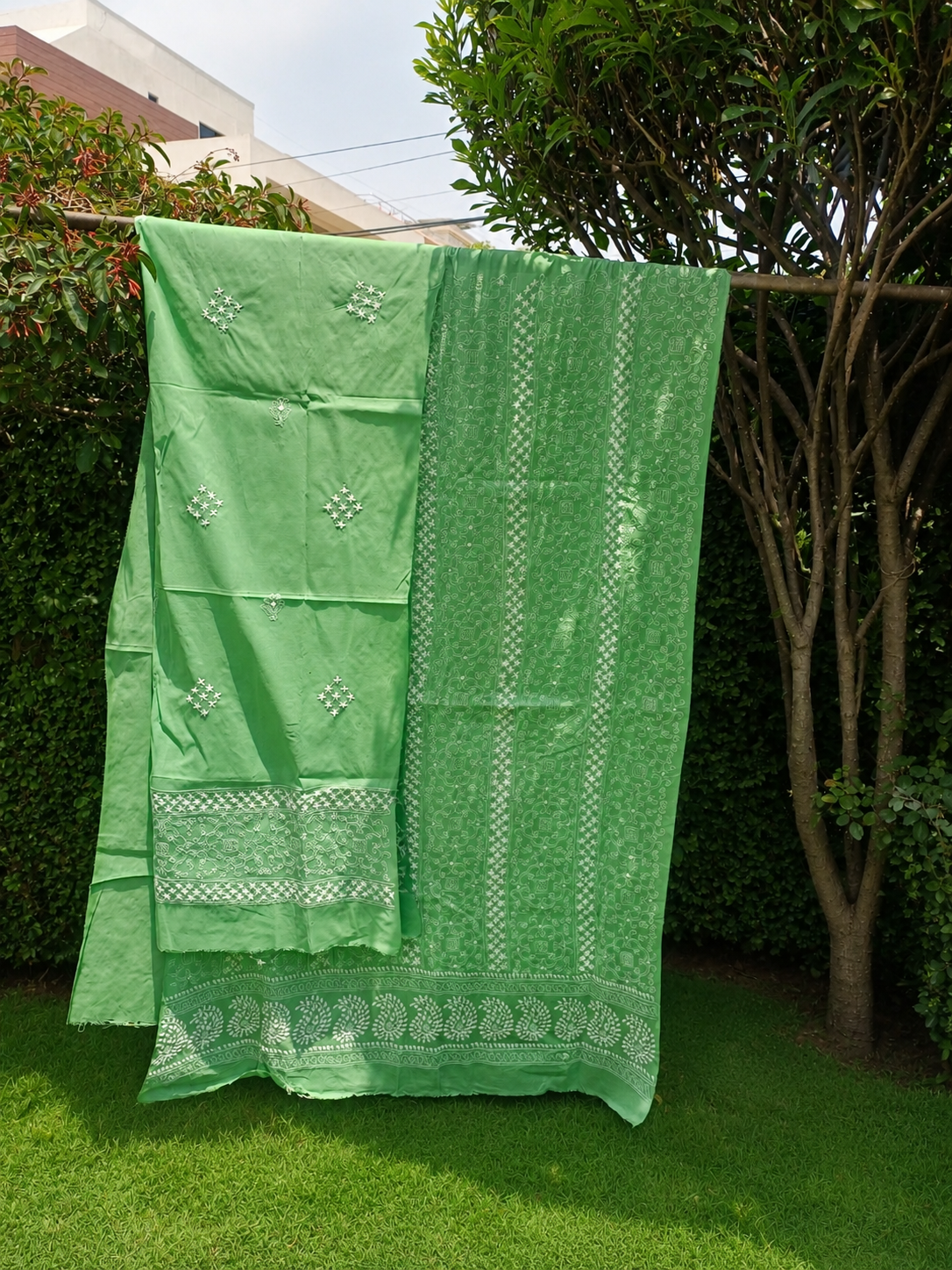 Green embroidered fabric in garden sunlight (2 pc ) 657