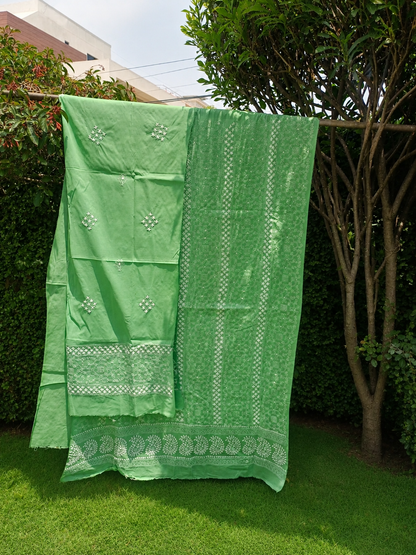 Green embroidered fabric in garden sunlight (2 pc ) 657