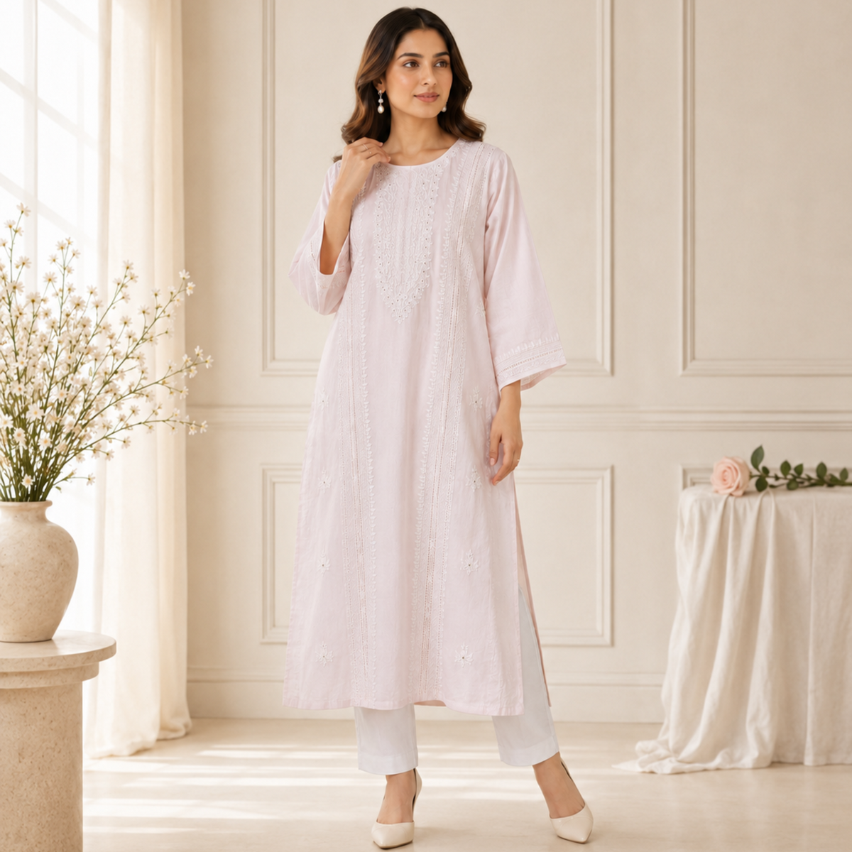Floral Embroidery on Blush Pink 0836