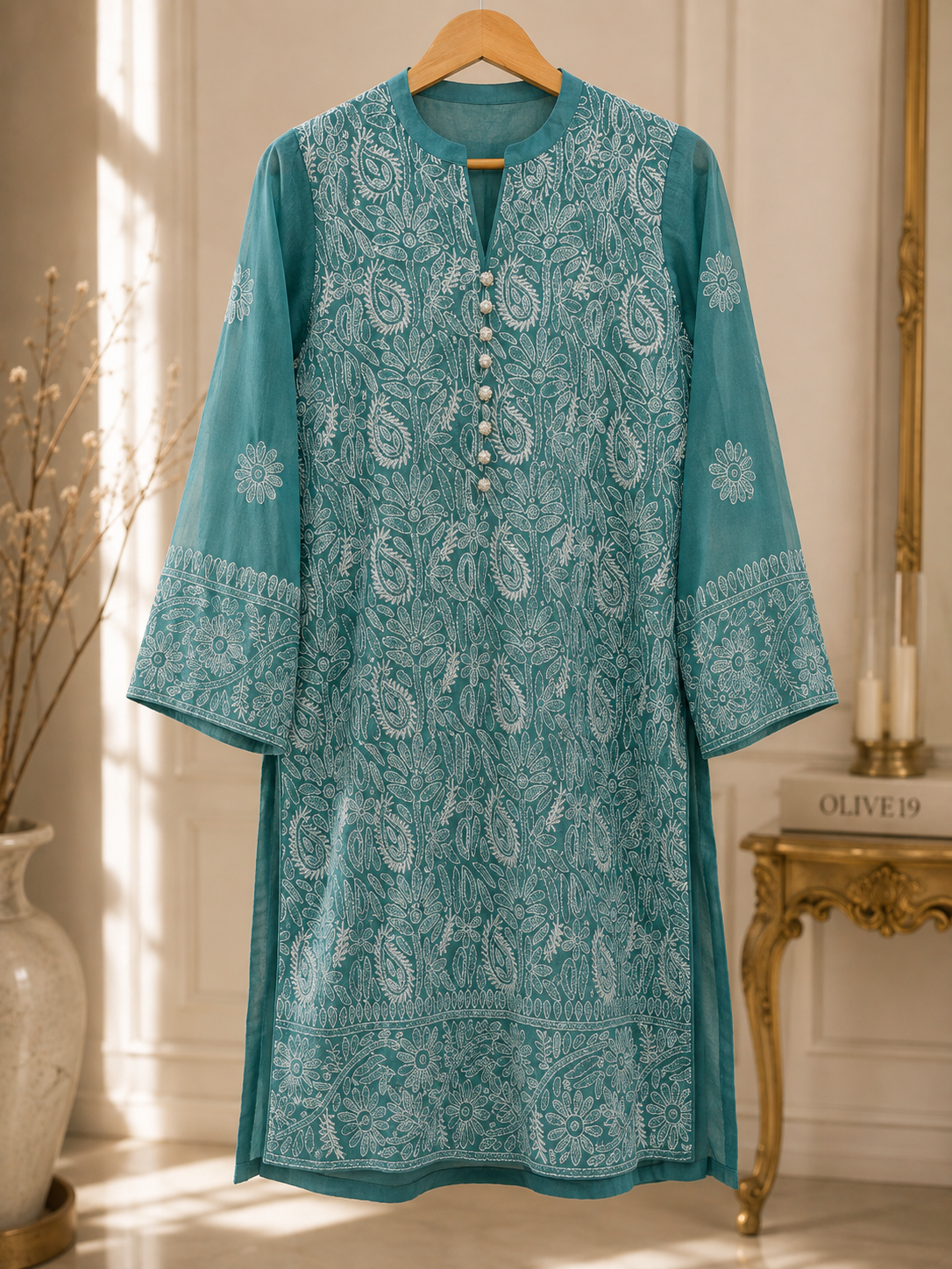 Elegant Embroidered Suit (Aqua Blue) 0839