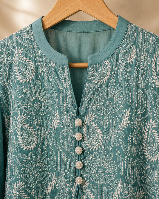 Elegant Embroidered Suit (Aqua Blue) 0839
