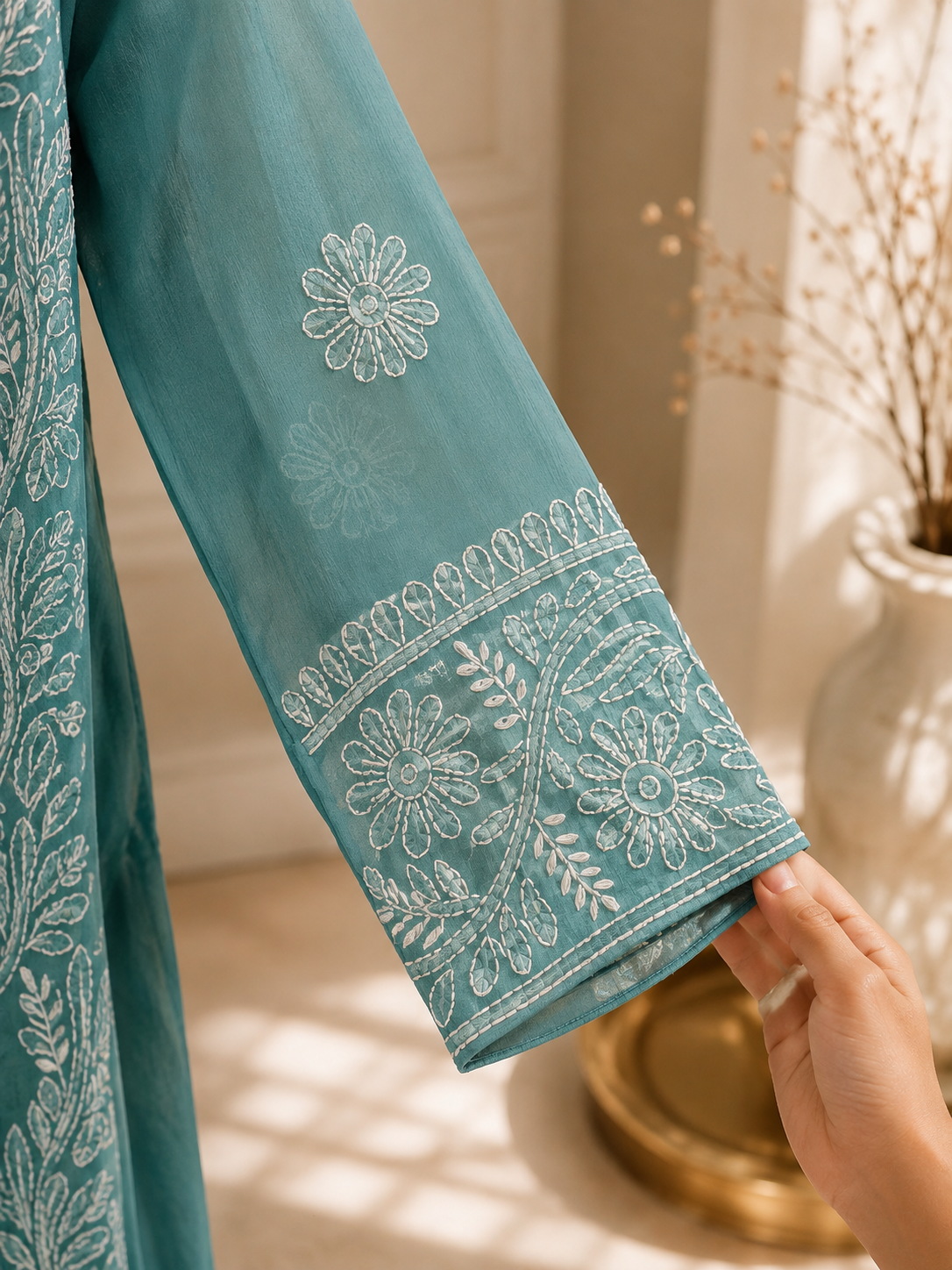 Elegant Embroidered Suit (Aqua Blue) 0839