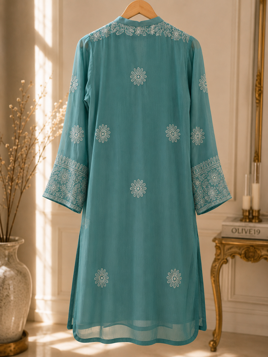Elegant Embroidered Suit (Aqua Blue) 0839