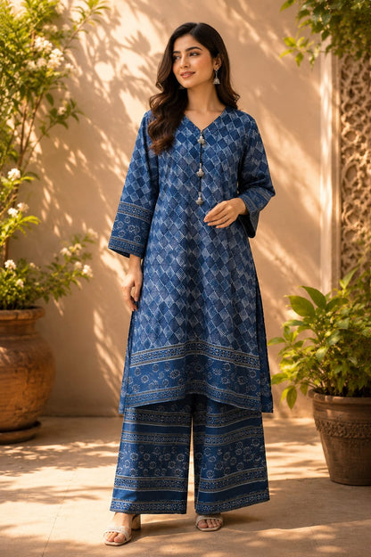 Blue Ajrak 2 pc stitched suit 001006