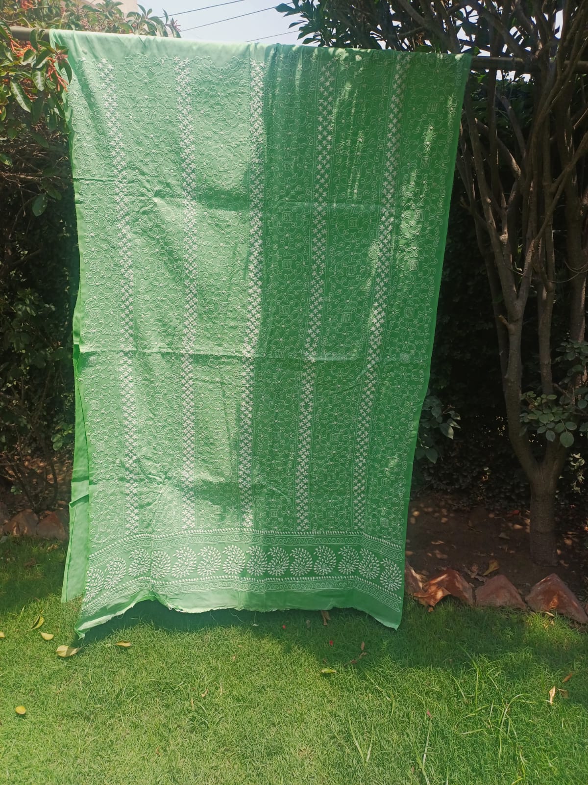 Green embroidered fabric in garden sunlight (2 pc ) 657