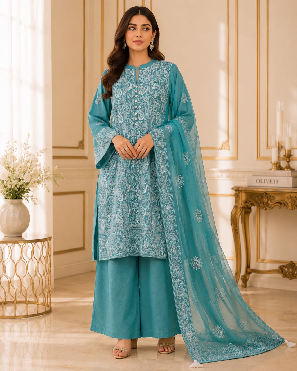 Elegant Embroidered Suit (Aqua Blue) 0839