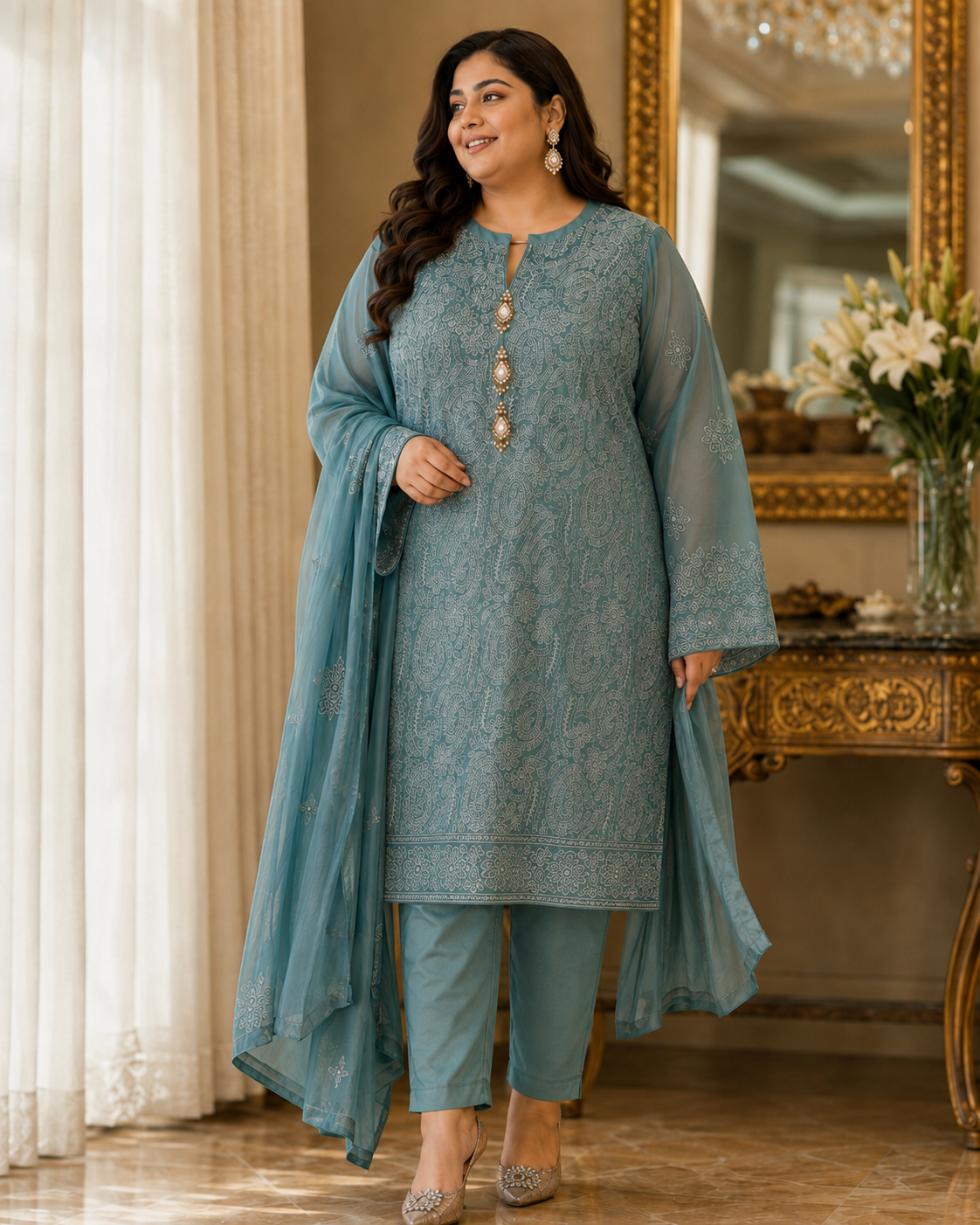 Chiffon Embroidered suit (Seafoam Green) 0838