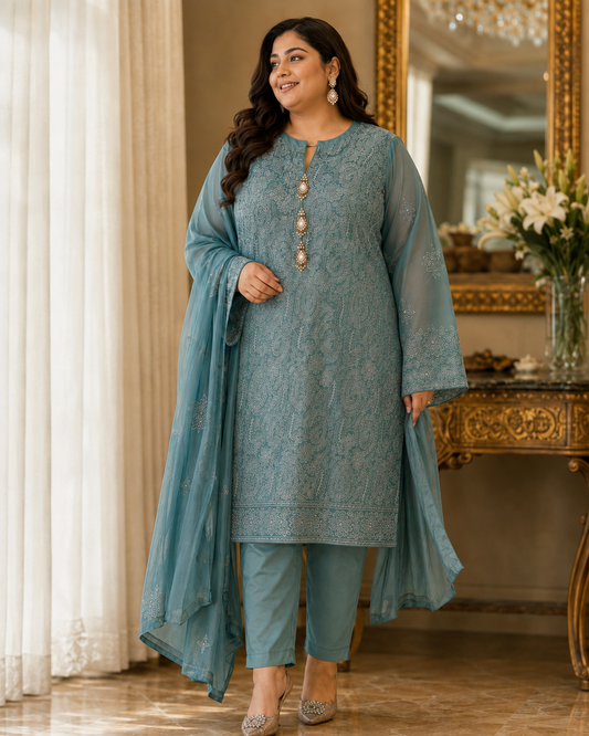 Chiffon Embroidered suit (Seafoam Green) 0838