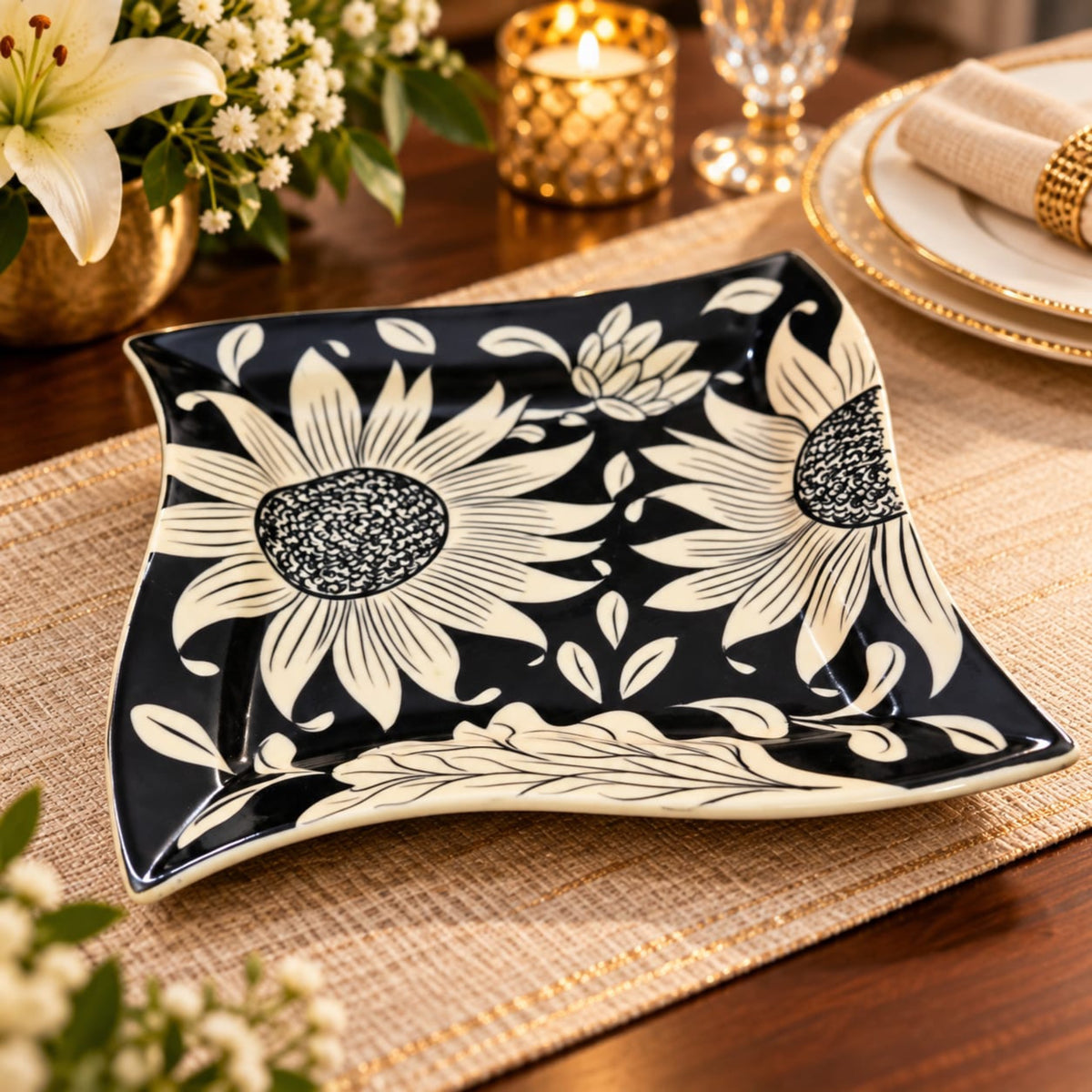 Black & Ivory Sunflower Square Serving Platter 0945